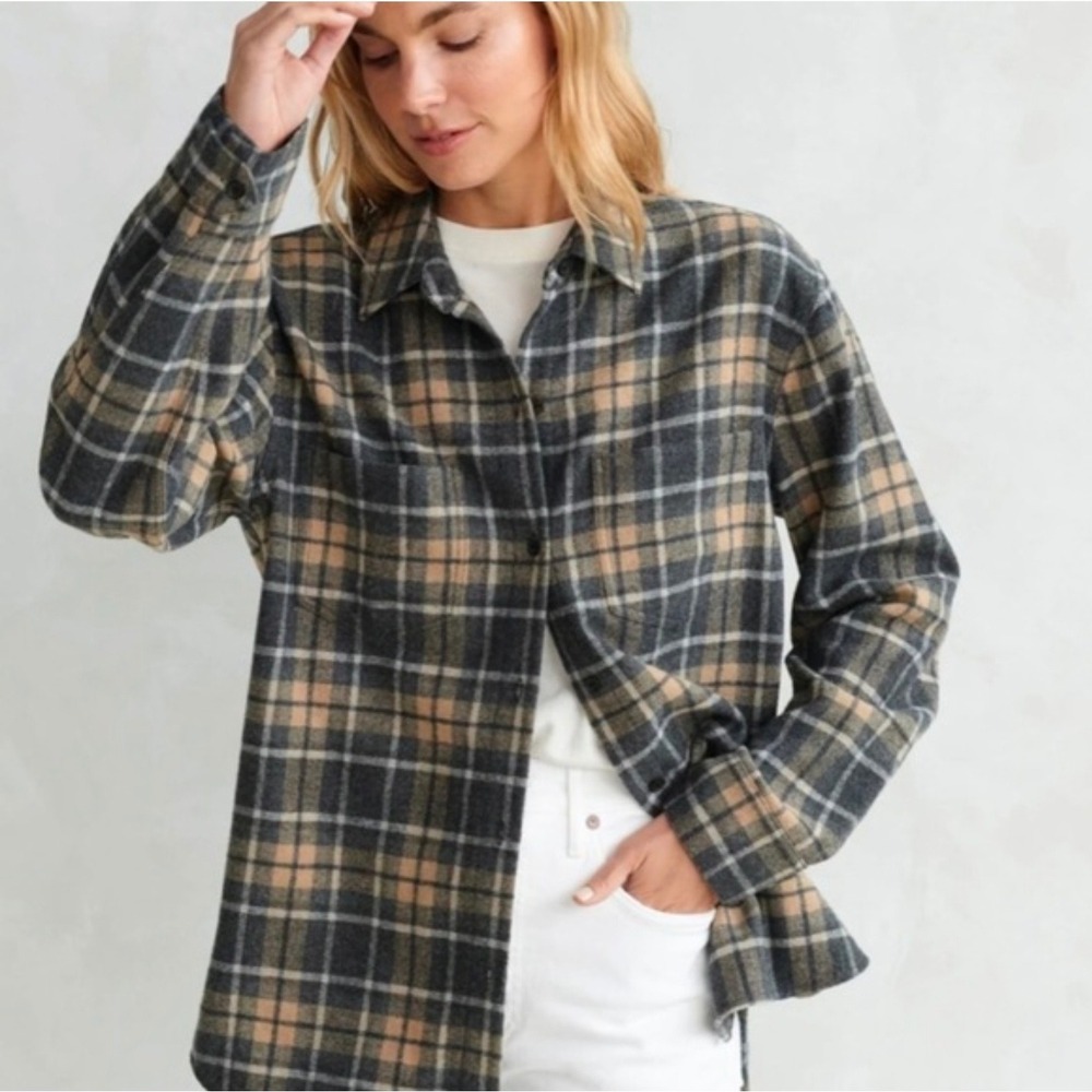 Jenni Kayne O'Keeffe Wool Blend Overshirt Shacket XXL Plaid Brown Gray Oversized
